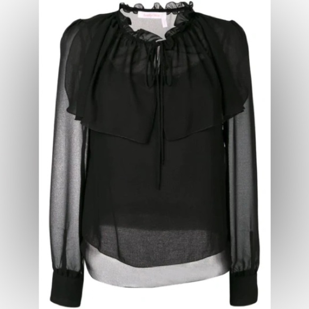 See By Chloe Size 40 Georgette Sheer Ruffled Tie-Neck Blouse - Black
